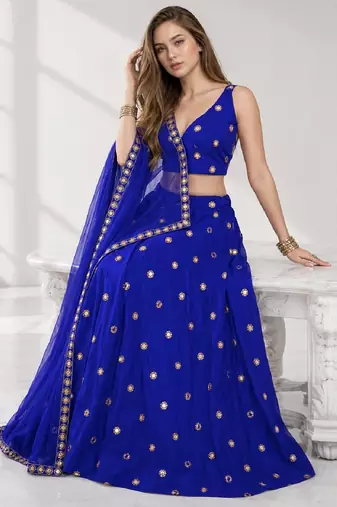 LIGHT BLUE MIRROR & EMBROIDERED ART SILK FESTIVAL LEHENGA CHOLI SET FOR WOMEN'S
