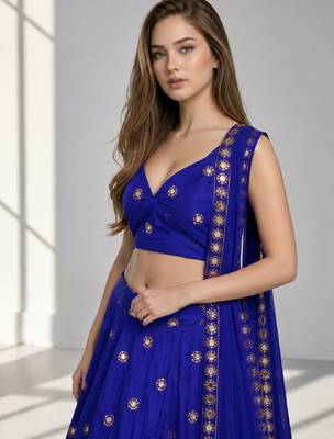 LIGHT BLUE MIRROR & EMBROIDERED ART SILK FESTIVAL LEHENGA CHOLI SET FOR WOMEN'S 5