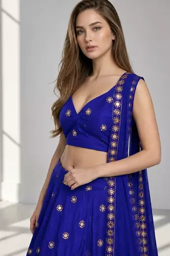 LIGHT BLUE MIRROR & EMBROIDERED ART SILK FESTIVAL LEHENGA CHOLI SET FOR WOMEN'S
