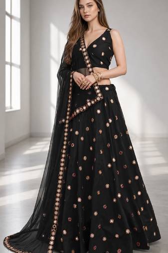 BLACK MIRROR & EMBROIDERED ART SILK FESTIVAL LEHENGA CHOLI SET FOR WOMEN'S