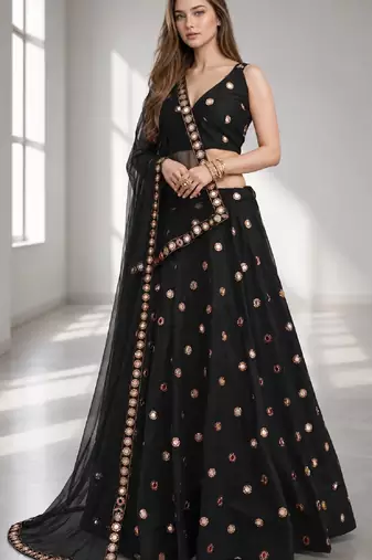 BLACK MIRROR & EMBROIDERED ART SILK FESTIVAL LEHENGA CHOLI SET FOR WOMEN'S
