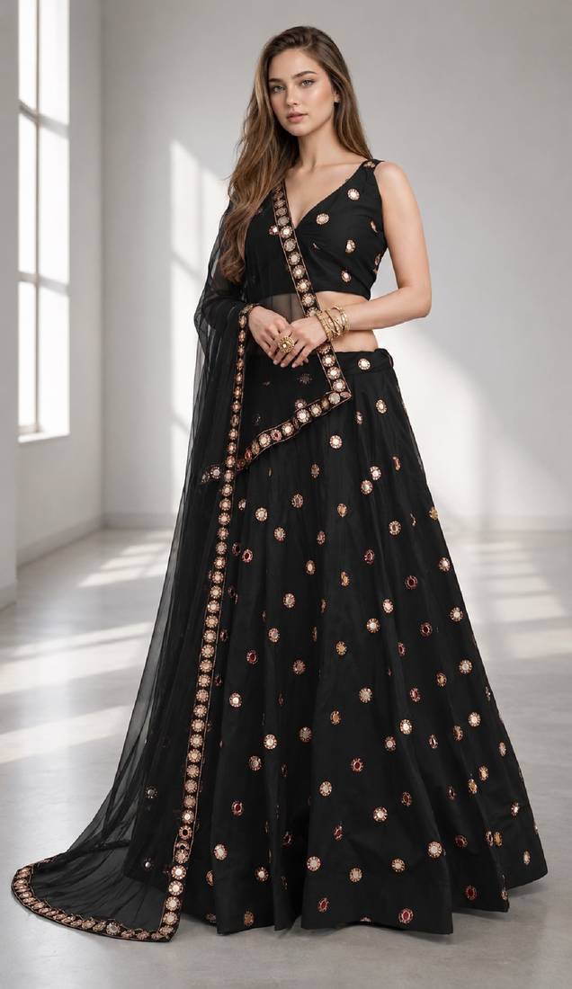 BLACK MIRROR & EMBROIDERED ART SILK FESTIVAL LEHENGA CHOLI SET FOR WOMEN'S