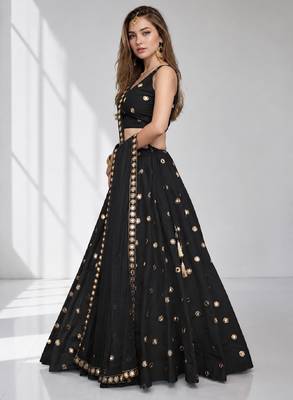 BLACK MIRROR & EMBROIDERED ART SILK FESTIVAL LEHENGA CHOLI SET FOR WOMEN'S 3