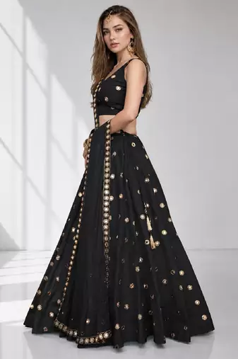 BLACK MIRROR & EMBROIDERED ART SILK FESTIVAL LEHENGA CHOLI SET FOR WOMEN'S