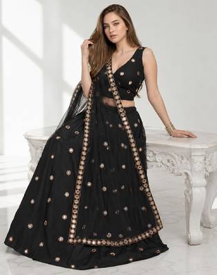 BLACK MIRROR & EMBROIDERED ART SILK FESTIVAL LEHENGA CHOLI SET FOR WOMEN'S 4