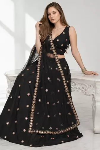 BLACK MIRROR & EMBROIDERED ART SILK FESTIVAL LEHENGA CHOLI SET FOR WOMEN'S