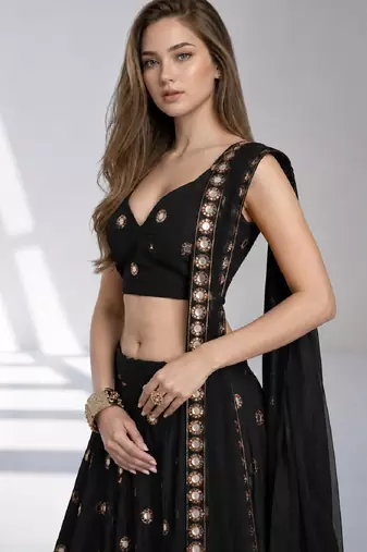 BLACK MIRROR & EMBROIDERED ART SILK FESTIVAL LEHENGA CHOLI SET FOR WOMEN'S