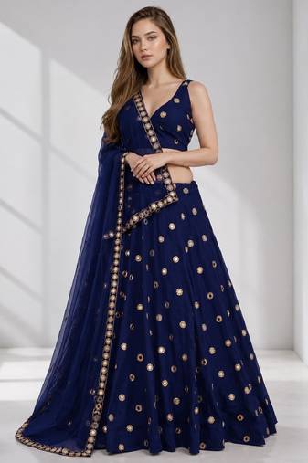 NAVY BLUE MIRROR & EMBROIDERED ART SILK FESTIVAL LEHENGA CHOLI SET