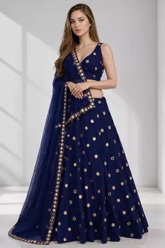 NAVY BLUE MIRROR & EMBROIDERED ART SILK FESTIVAL LEHENGA CHOLI SET FOR WOMEN'S