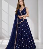 NAVY BLUE MIRROR & EMBROIDERED ART SILK FESTIVAL LEHENGA CHOLI SET FOR WOMEN'S