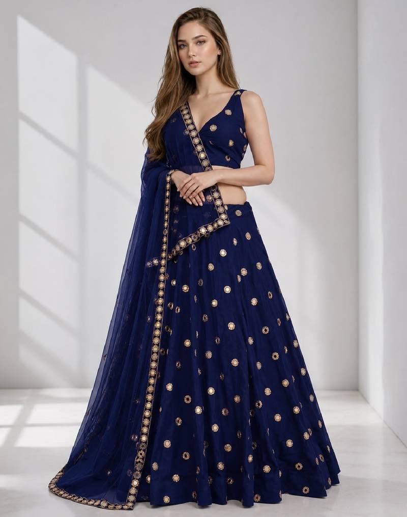 NAVY BLUE MIRROR & EMBROIDERED ART SILK FESTIVAL LEHENGA CHOLI SET FOR WOMEN'S
