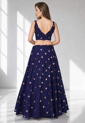NAVY BLUE MIRROR & EMBROIDERED ART SILK FESTIVAL LEHENGA CHOLI SET FOR WOMEN'S 2