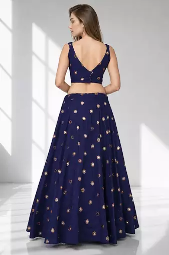 NAVY BLUE MIRROR & EMBROIDERED ART SILK FESTIVAL LEHENGA CHOLI SET FOR WOMEN'S