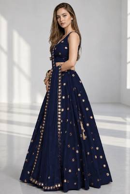 NAVY BLUE MIRROR & EMBROIDERED ART SILK FESTIVAL LEHENGA CHOLI SET FOR WOMEN'S 3