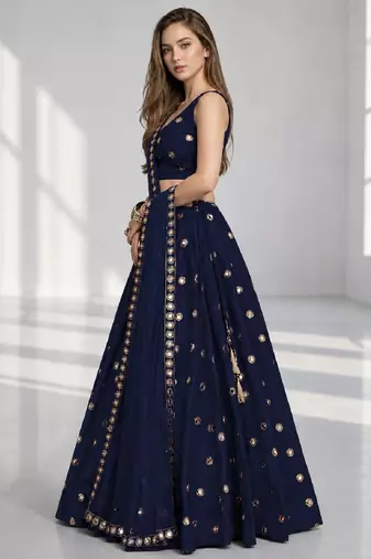 NAVY BLUE MIRROR & EMBROIDERED ART SILK FESTIVAL LEHENGA CHOLI SET FOR WOMEN'S