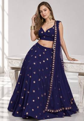 NAVY BLUE MIRROR & EMBROIDERED ART SILK FESTIVAL LEHENGA CHOLI SET FOR WOMEN'S 4