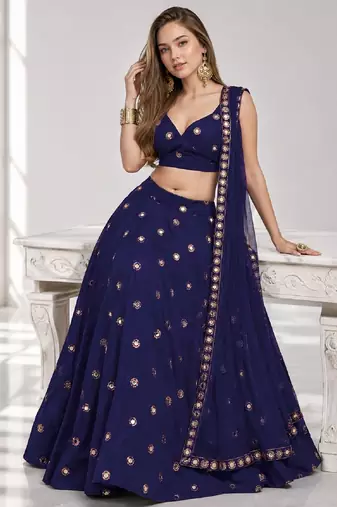 NAVY BLUE MIRROR & EMBROIDERED ART SILK FESTIVAL LEHENGA CHOLI SET FOR WOMEN'S