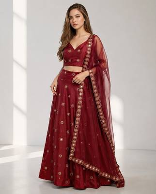 MAROON  MIRROR & EMBROIDERED ART SILK FESTIVAL LEHENGA CHOLI SET FOR WOMEN'S 1
