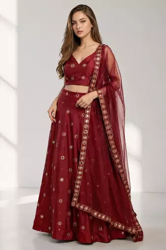 MAROON  MIRROR & EMBROIDERED ART SILK FESTIVAL LEHENGA CHOLI SET FOR WOMEN'S