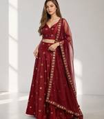 MAROON  MIRROR & EMBROIDERED ART SILK FESTIVAL LEHENGA CHOLI SET FOR WOMEN'S