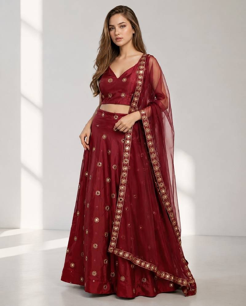 MAROON  MIRROR & EMBROIDERED ART SILK FESTIVAL LEHENGA CHOLI SET FOR WOMEN'S