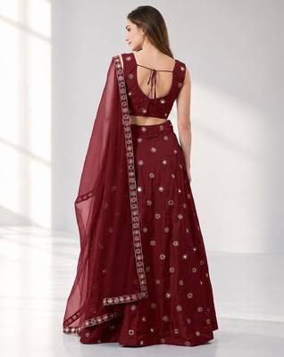 MAROON  MIRROR & EMBROIDERED ART SILK FESTIVAL LEHENGA CHOLI SET FOR WOMEN'S 2