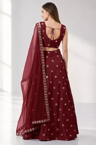 MAROON  MIRROR & EMBROIDERED ART SILK FESTIVAL LEHENGA CHOLI SET FOR WOMEN'S