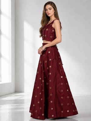 MAROON  MIRROR & EMBROIDERED ART SILK FESTIVAL LEHENGA CHOLI SET FOR WOMEN'S 3