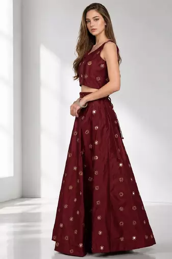 MAROON  MIRROR & EMBROIDERED ART SILK FESTIVAL LEHENGA CHOLI SET FOR WOMEN'S