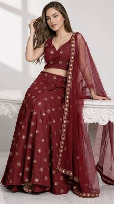 MAROON  MIRROR & EMBROIDERED ART SILK FESTIVAL LEHENGA CHOLI SET FOR WOMEN'S 4
