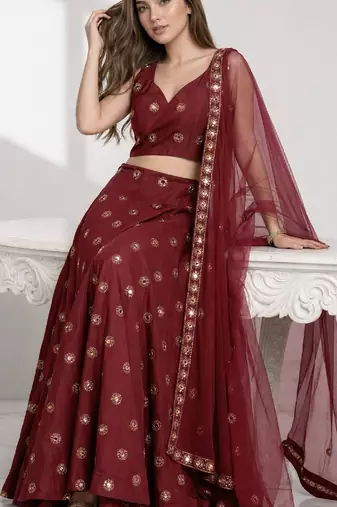 MAROON  MIRROR & EMBROIDERED ART SILK FESTIVAL LEHENGA CHOLI SET FOR WOMEN'S
