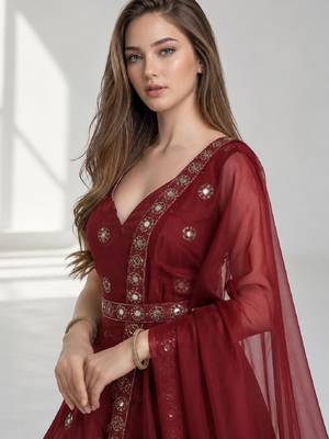 MAROON  MIRROR & EMBROIDERED ART SILK FESTIVAL LEHENGA CHOLI SET FOR WOMEN'S 5