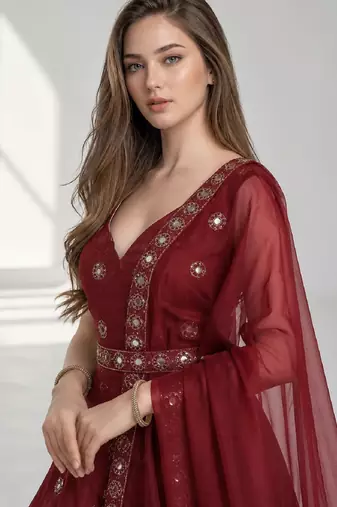 MAROON  MIRROR & EMBROIDERED ART SILK FESTIVAL LEHENGA CHOLI SET FOR WOMEN'S