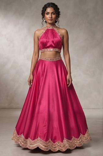 Pink Embroidered Assam Satin Lehenga Set