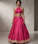 Pink Embroidered Assam Satin Lehenga Set