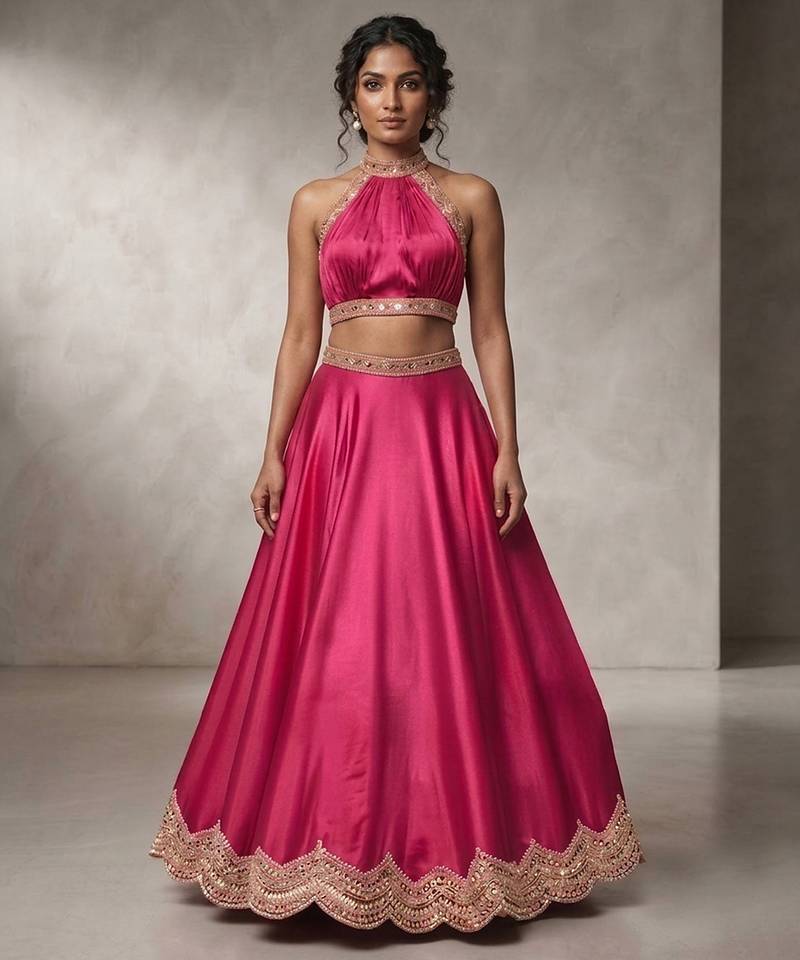 Pink Embroidered Assam Satin Lehenga Set