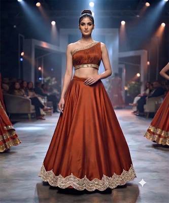 Rust Orange Embroidered Assam Satin Lehenga Set 1