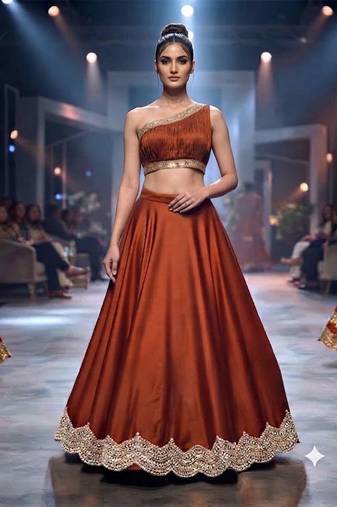 Rust Orange Embroidered Assam Satin Lehenga Set