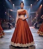 Rust Orange Embroidered Assam Satin Lehenga Set