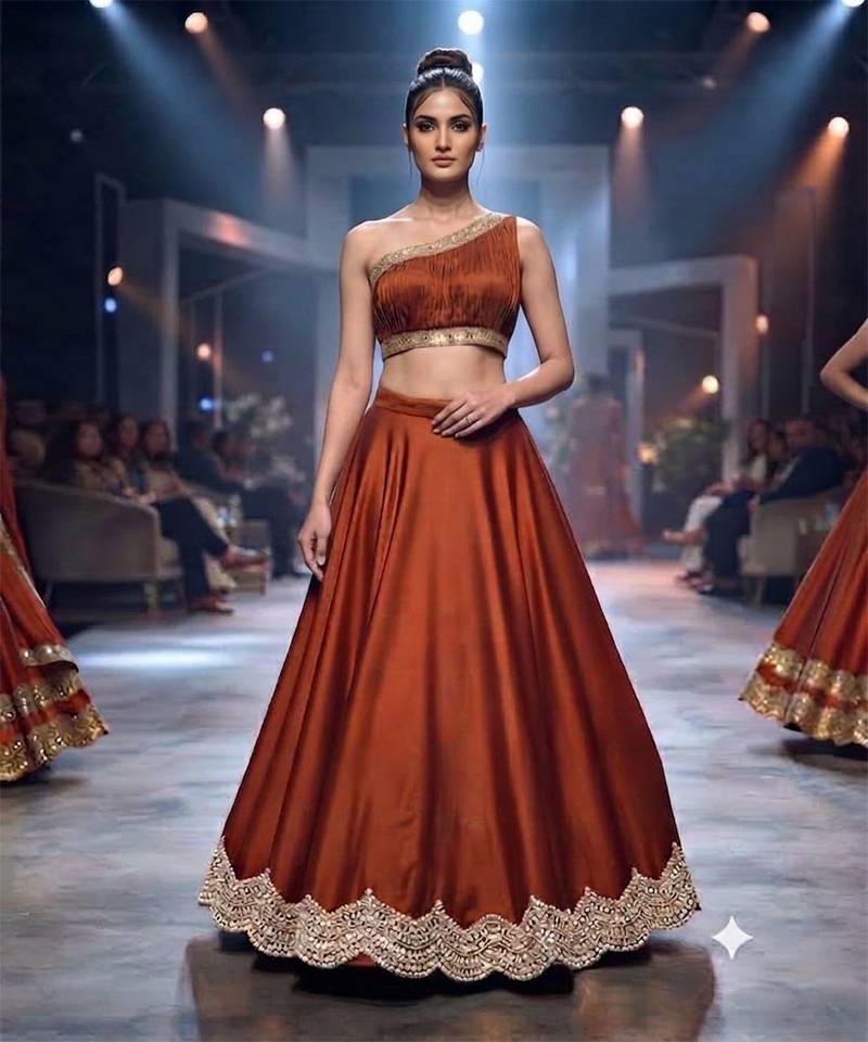 Rust Orange Embroidered Assam Satin Lehenga Set
