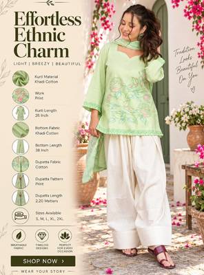 Women's khadi cotton straight light green farsi salwar set with dupatta 2