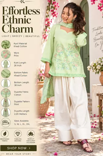 Women's khadi cotton straight light green farsi salwar set with dupatta