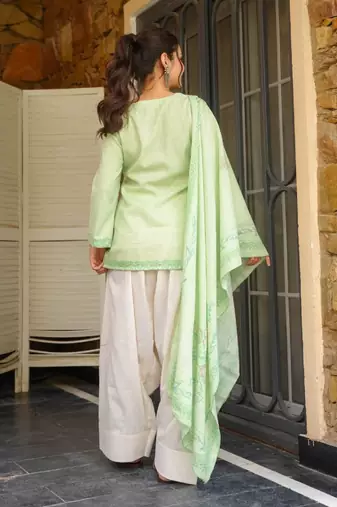Women's khadi cotton straight light green farsi salwar set with dupatta