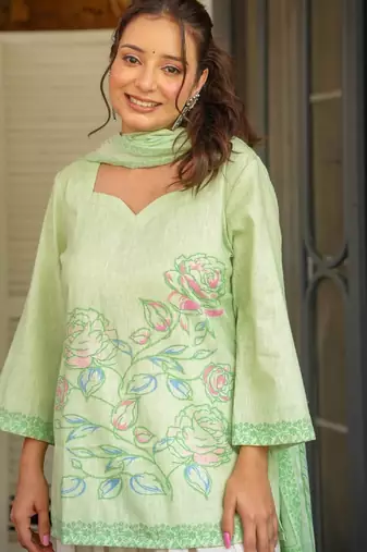 Women's khadi cotton straight light green farsi salwar set with dupatta