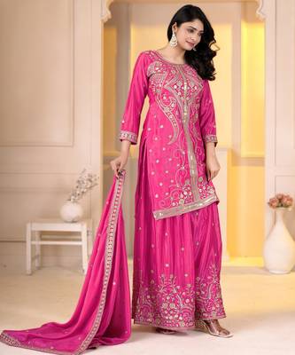 Pink chinon silk party embroidery wear sharara suit set 1