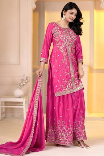 Pink chinon silk party embroidery wear sharara suit set