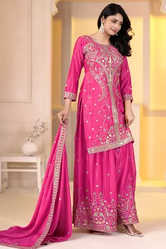 Pink chinon silk party embroidery wear sharara suit set