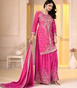 Pink chinon silk party embroidery wear sharara suit set