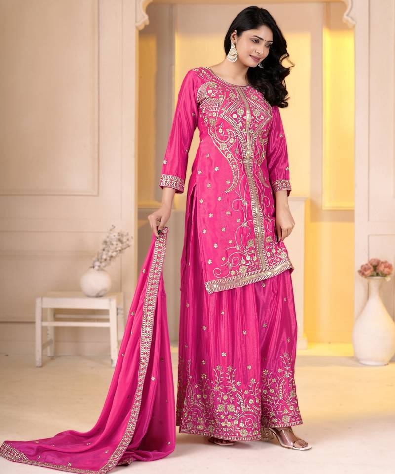 Pink chinon silk party embroidery wear sharara suit set