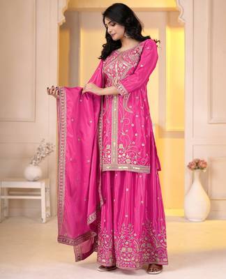 Pink chinon silk party embroidery wear sharara suit set 2